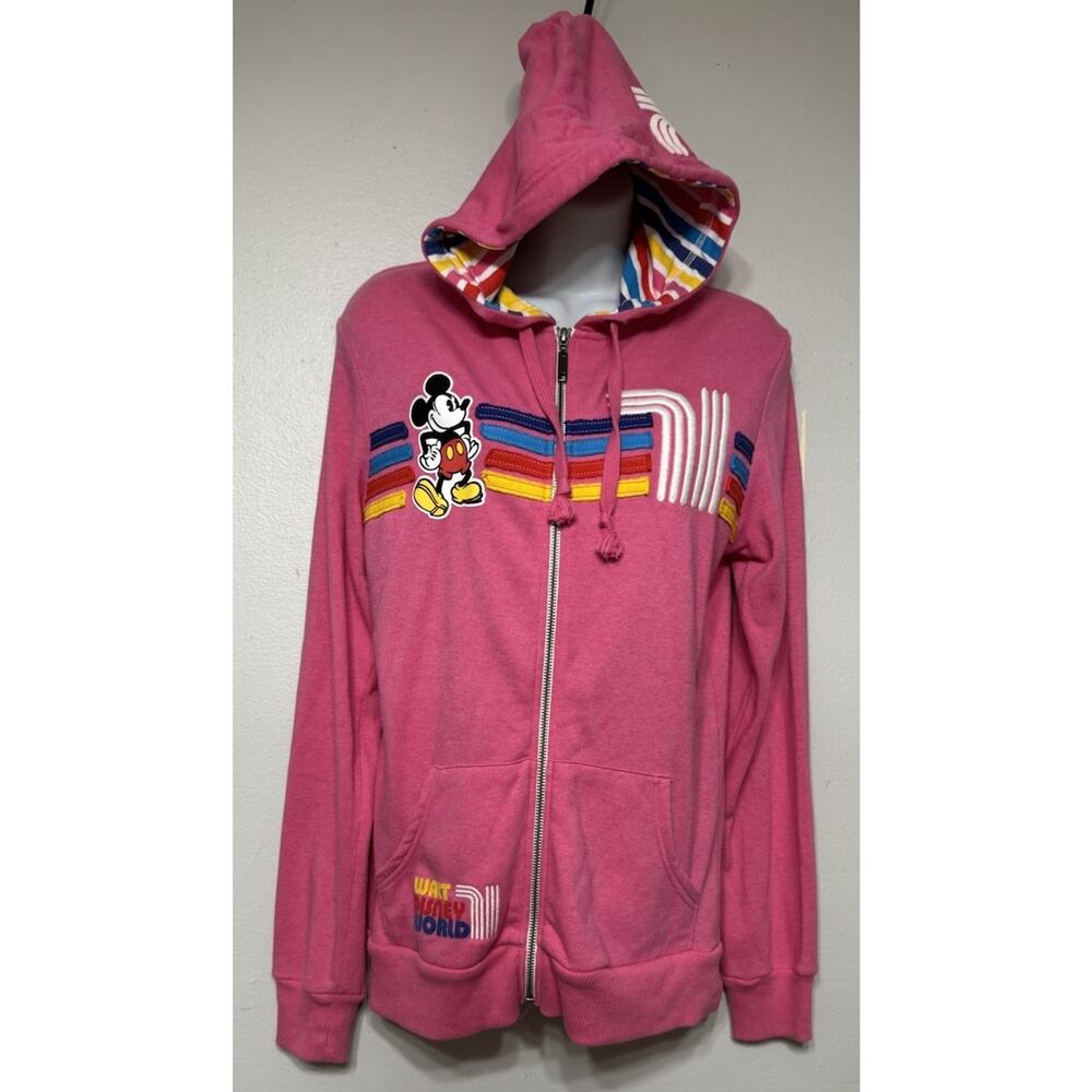Disney Parks Jacket Womens Pink Mickey 71 Full Zip Rainbow Hoodie Size Medium